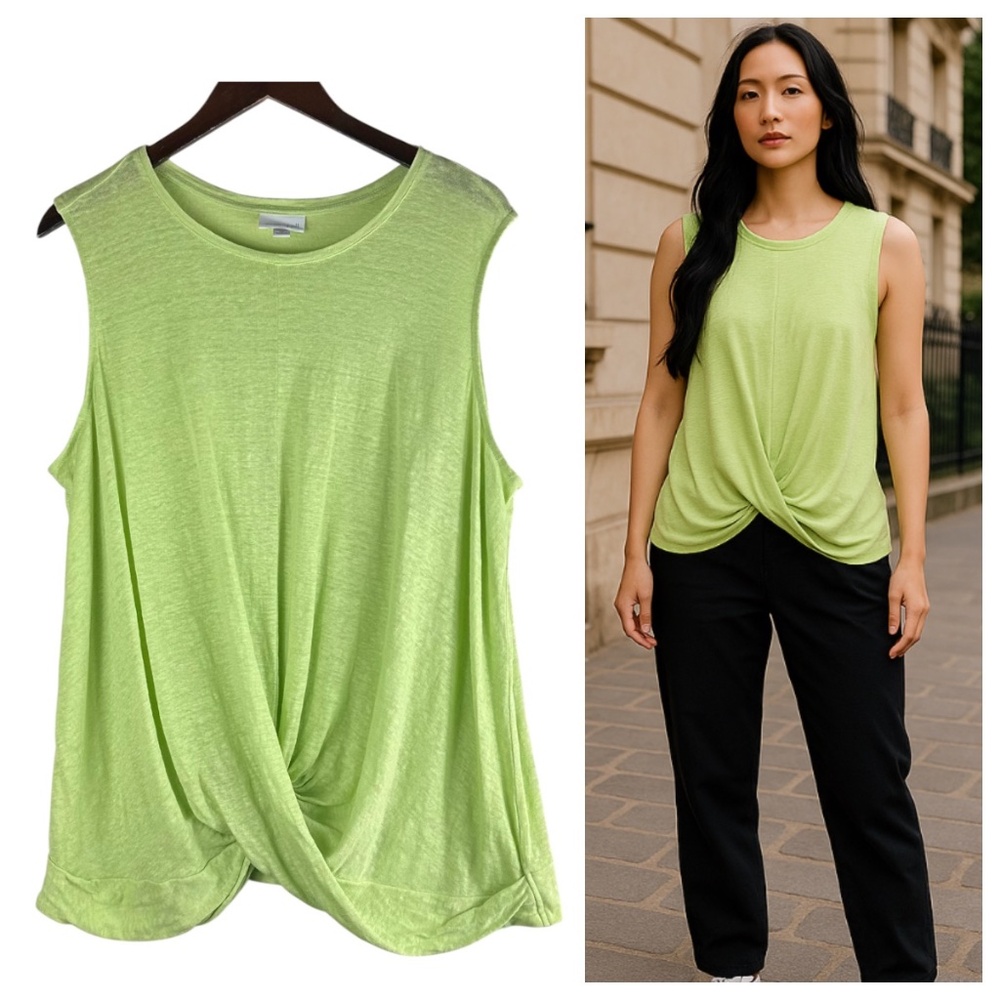 J Jill Love Linen Tank Top Shirt Sz 2X 18 20 Lime Green Twist Front Slvlss.